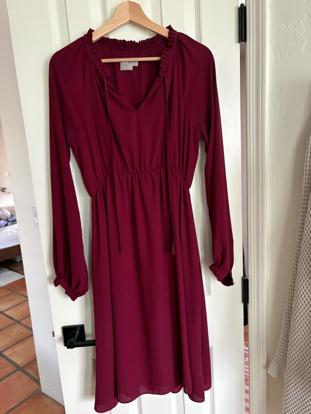ASOS Long Sleeve V-Neck Tie Waist Dress in Burgundy